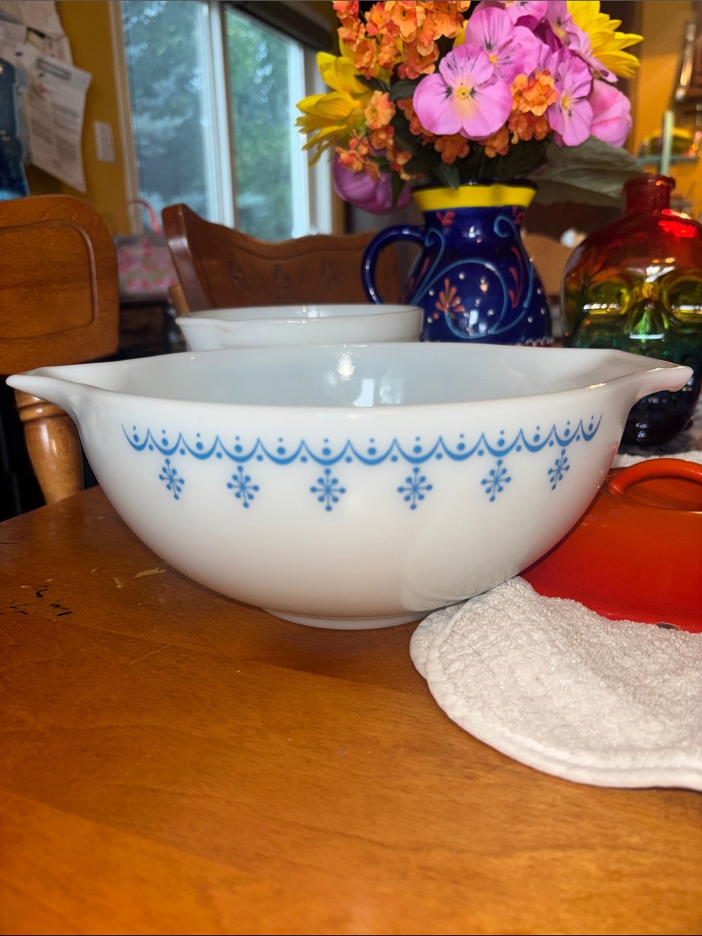 Pyrex White Mixing Bowl with Blue Patterned Border